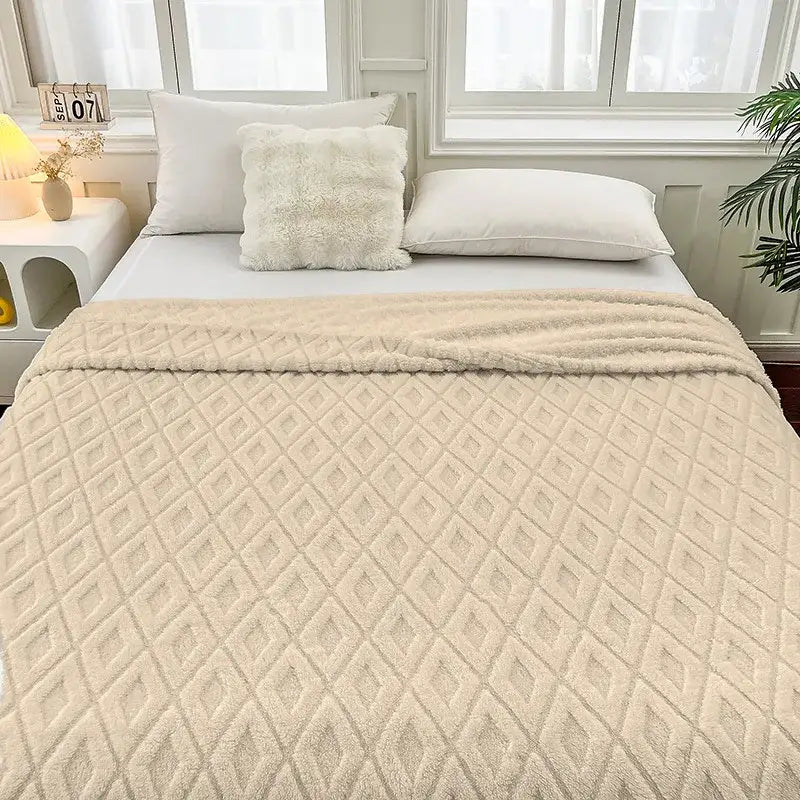 Cream diamond jacquard coral fleece blanket with plush quilted texture for cozy bedroom throw bedding