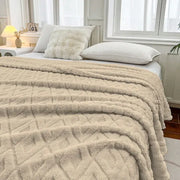 Cream diamond jacquard coral fleece throw blanket with plush texture and soft fuzzy finish for bedroom bedding