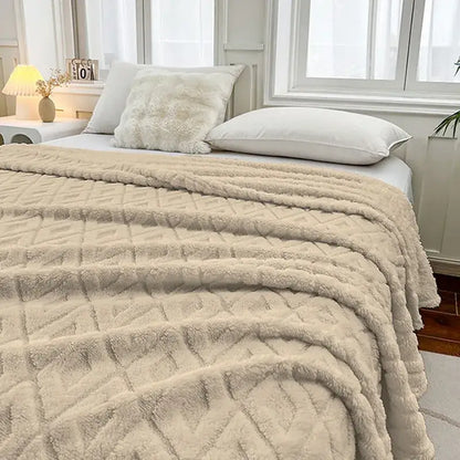 Cream diamond jacquard coral fleece throw blanket with plush texture and soft fuzzy finish for bedroom bedding