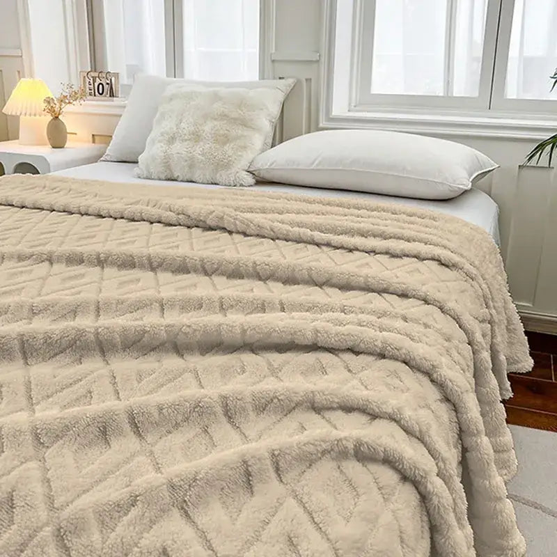 Cream diamond jacquard coral fleece throw blanket with plush texture and soft fuzzy finish for bedroom bedding