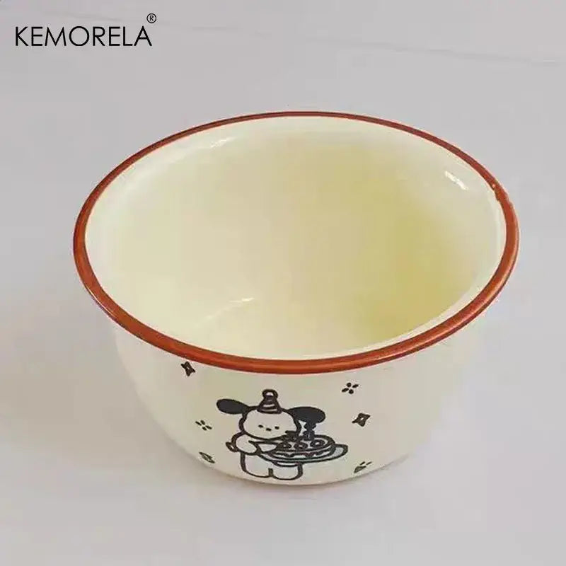 Cream-colored decorbites carton ceramic soup bowl with brown rim and black puppy illustration for kitchen dining use