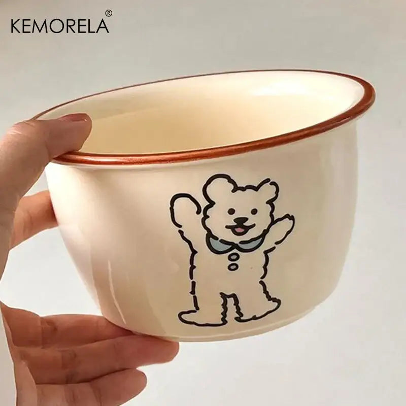 Cream dog illustration carton ceramic soup bowl in cream with brown rim featuring a bear with blue bow tie for dining decorbites ceramic soup bowls