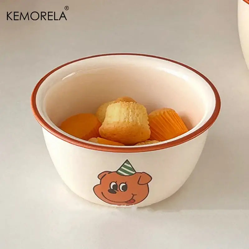 White ceramic soup bowl with brown rim and cartoon bear illustration filled with pastries for kitchen decorbites carton ceramic