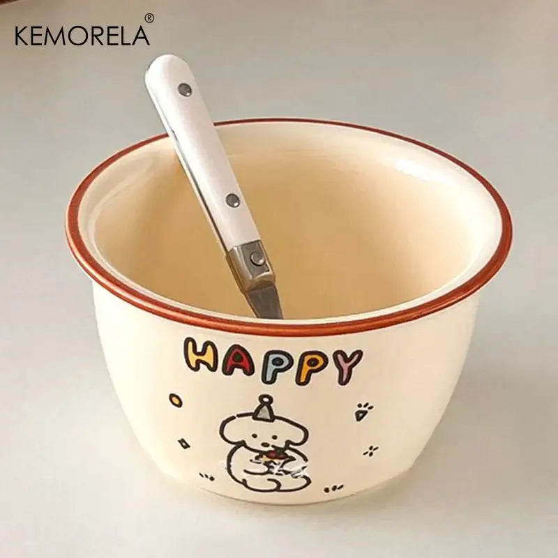 Cream dog illustration carton ceramic soup bowl with brown rim colorful happy lettering and white spoon interior decorbites carton ceramic