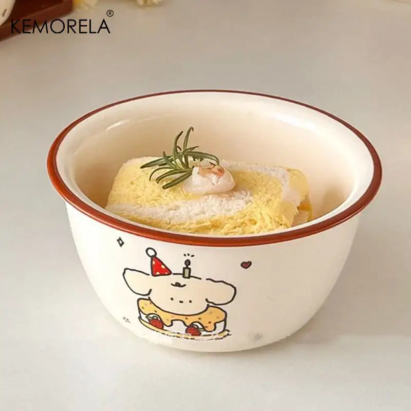 White ceramic soup bowl with brown rim and kemorela cute cartoon puppy cake design for decorbites carton ceramic use