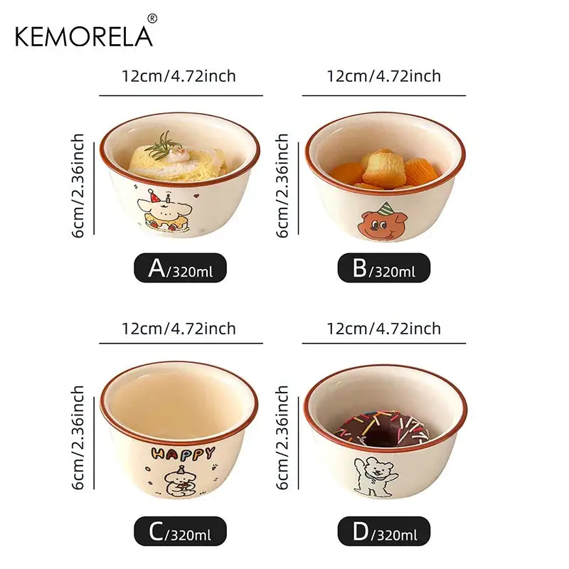 Cream dog illustration decorbites carton ceramic soup bowls cream color with brown rims holding 320ml each