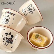 Cream dog illustration carton ceramic soup bowls with red rims featuring festive black-line dog decorbites carton ceramic