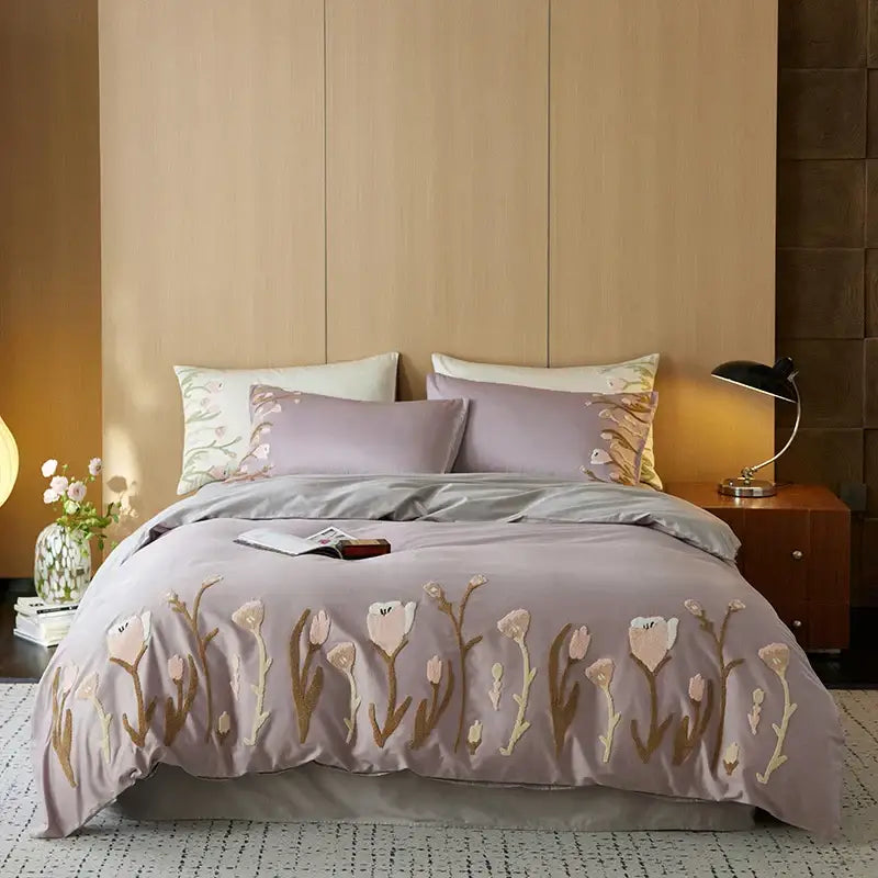 Lavender satin duvet cover with delicate embroidered tulips in soft pink and gold tones for egyptian cotton bedding set