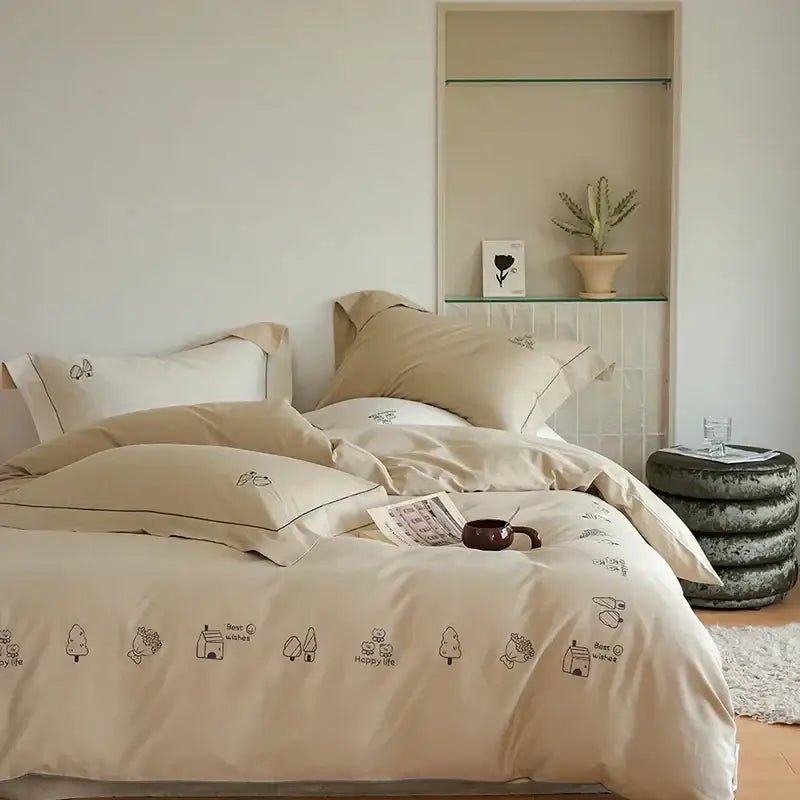 Cream embroidered brushed volcanic fleece bedding set with beige linen and black tree house illustrations along edge