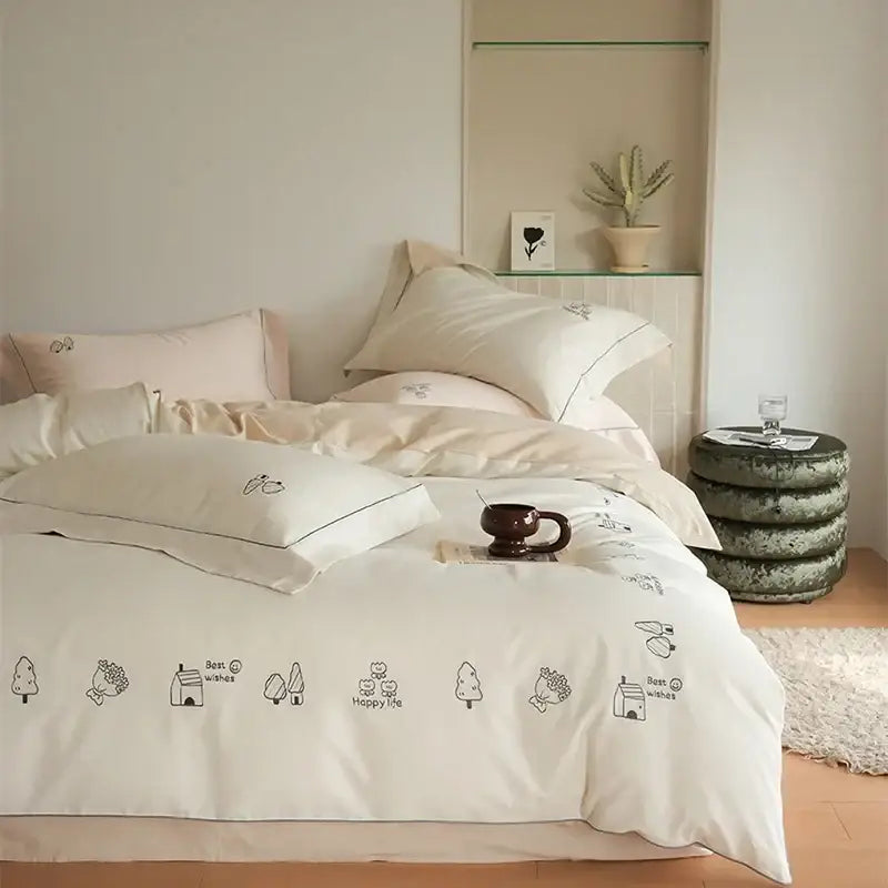 Cream embroidered brushed volcanic fleece bedding set in cream with black tree and house illustrations and positive phrases