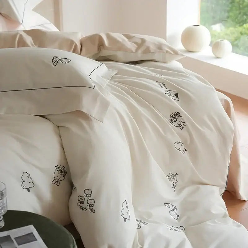 Cream embroidered brushed volcanic fleece bedding set in cream with black cartoon trees flowers and animals decorbites brushed volcanic