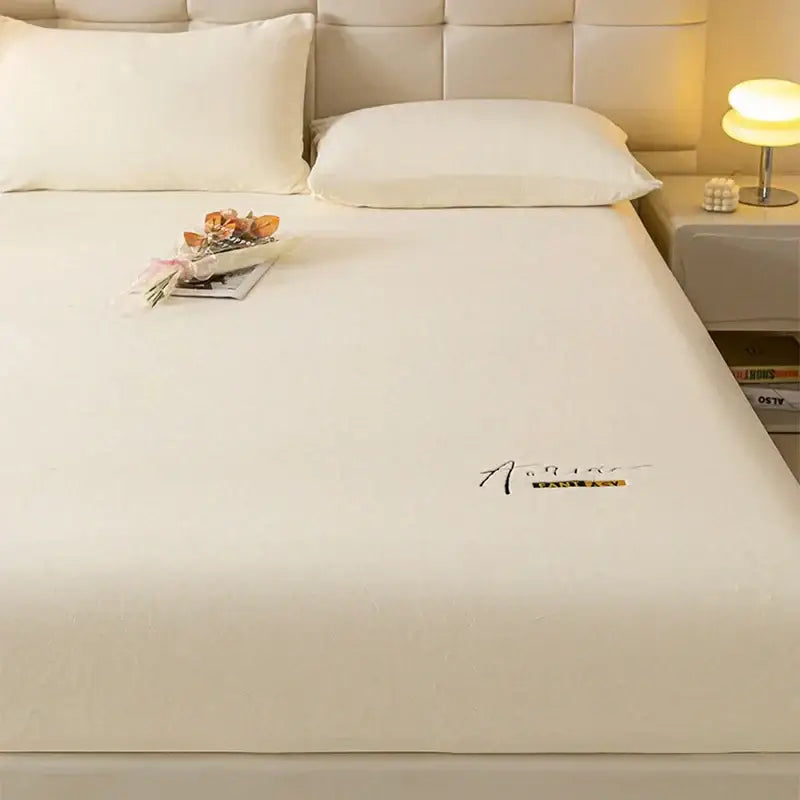 Cream embroidered cozy velvet fitted sheet in cream color with smooth texture and gold accent for bedroom decorbites cozy velvet use