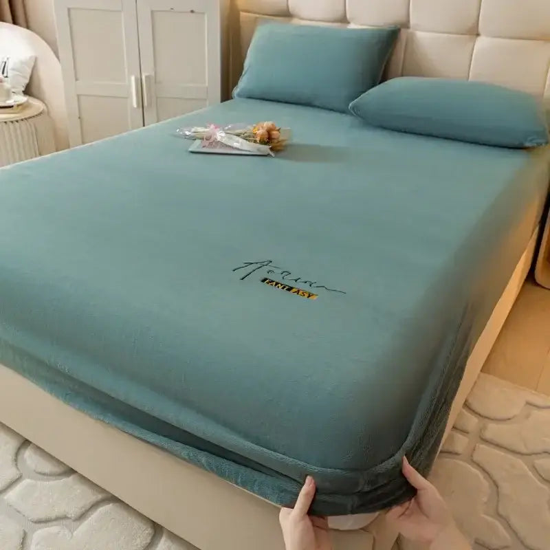 Teal cozy velvet fitted sheet with soft texture and embroidered fantasy logo for decorbites cozy velvet bedroom decor