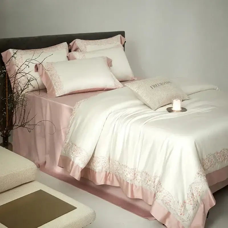 Luxurious cream embroidered egyptian cotton bedding set satin duvet cover in soft pink and white with lace trim