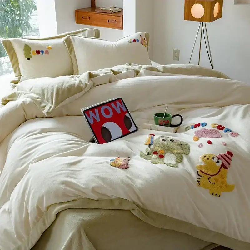 Cream embroidered milk fleece bedding set featuring plush cream duvet with cartoon dinosaurs and colorful patchwork details
