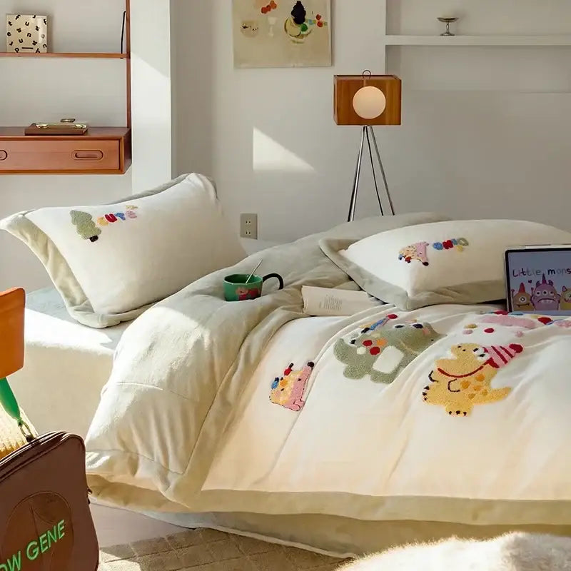 Cream embroidered milk fleece bedding set with plush cream duvet featuring pastel embroidered cartoon dinosaurs