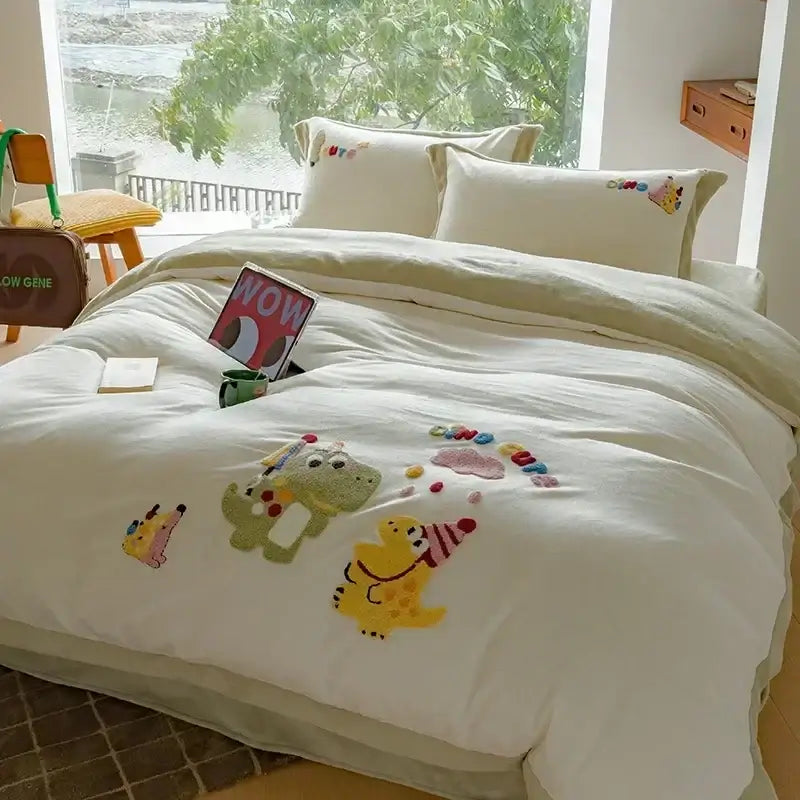Cream embroidered milk fleece bedding set in cream with playful green and yellow dinosaur embroidery and colorful accessories