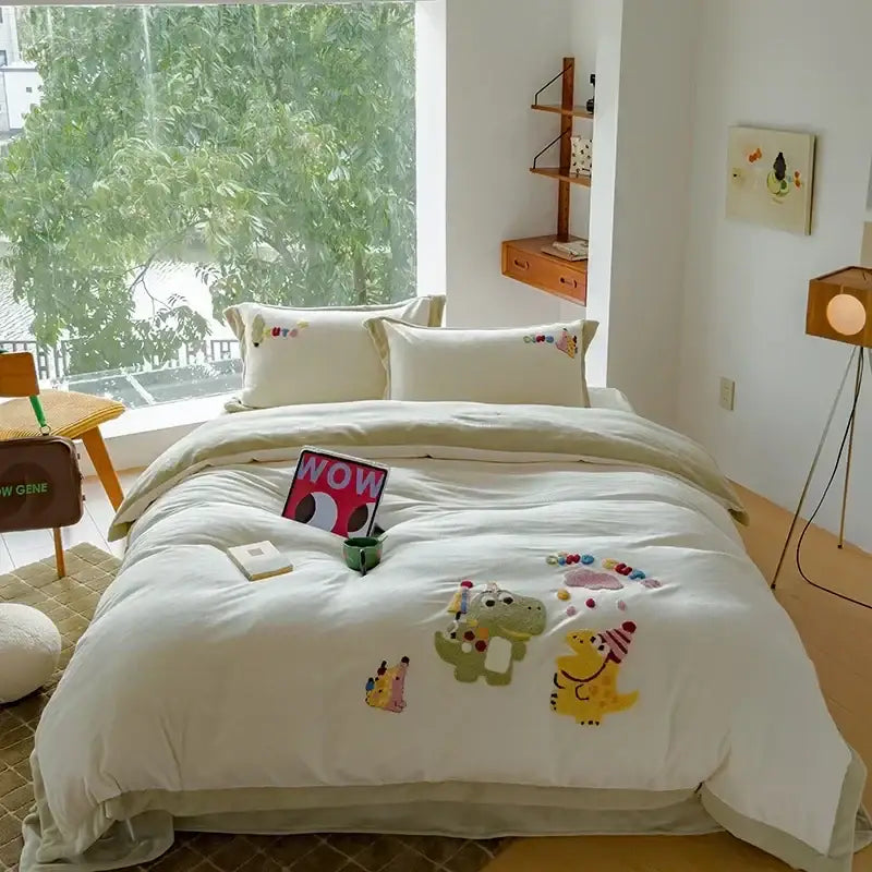 Cream embroidered milk fleece bedding set featuring a cream quilted duvet cover with playful green and yellow dinosaur embroidery