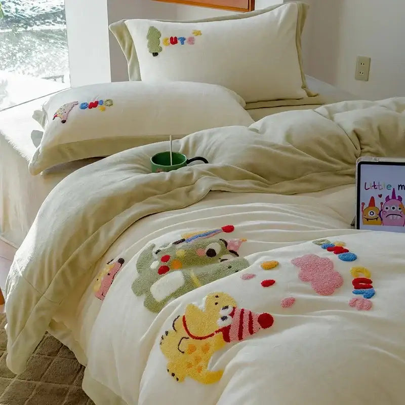 Cream embroidered milk fleece dinosaur bedding set with colorful cartoon characters on cream plush duvet set