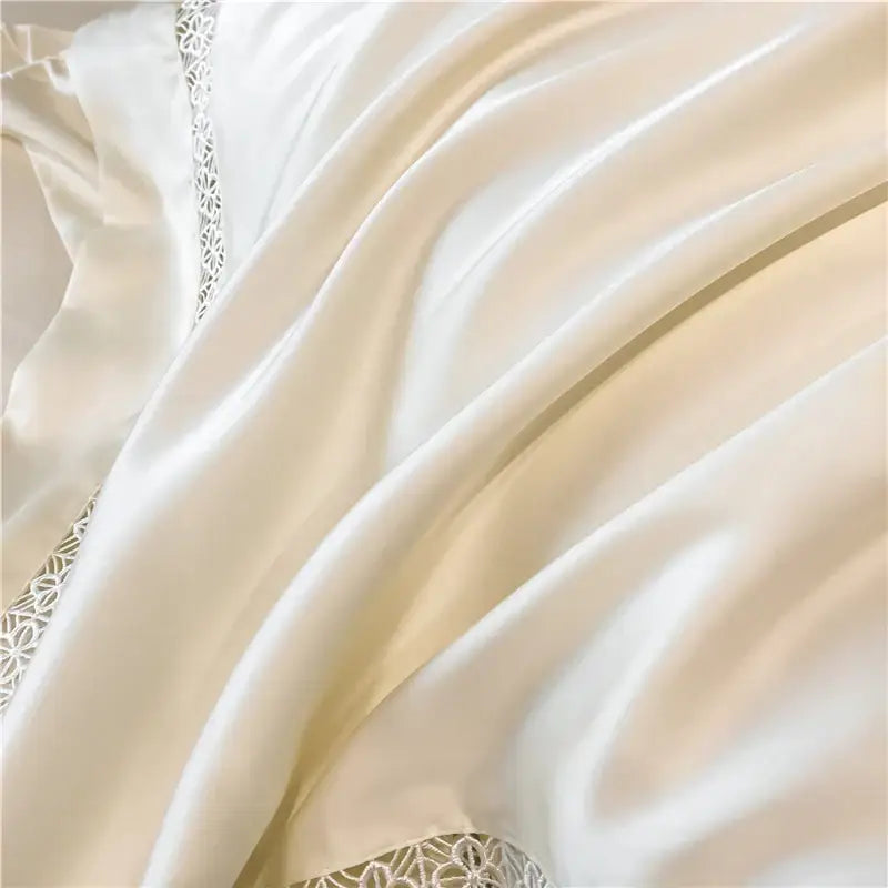 Cream eucalyptus fiber lace bedding set featuring cream satin fabric with delicate white lace trim by decorbites eucalyptus fiber