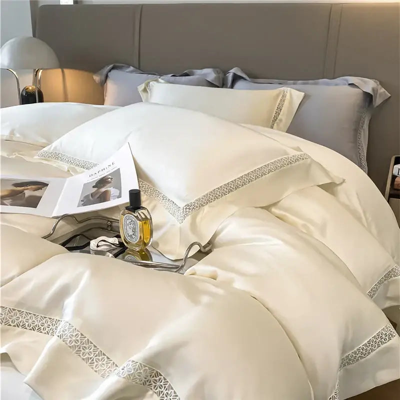 Cream eucalyptus fiber lace bedding set in cream satin with delicate silver lace trim for bedroom comfort decorbites eucalyptus fiber
