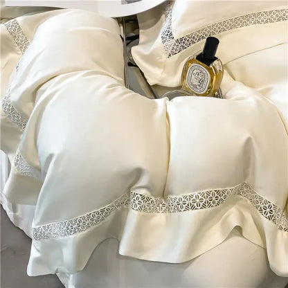 Cream eucalyptus fiber lace bedding set in cream satin with delicate lace trim for bedroom comfort by decorbites eucalyptus fiber