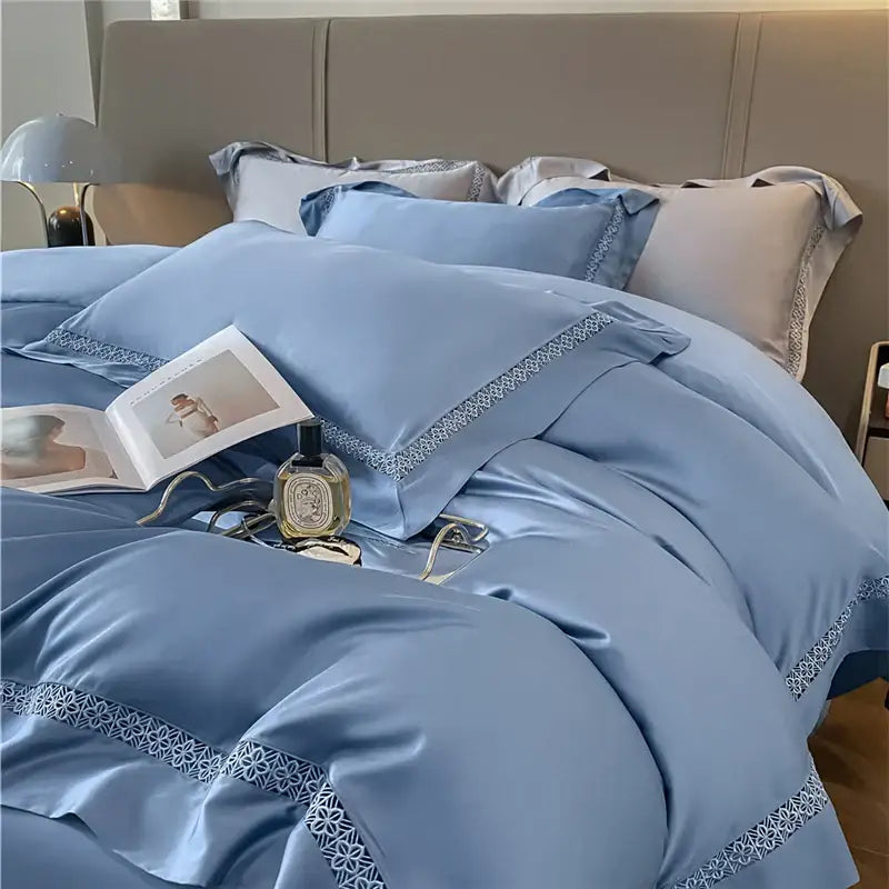 Light blue satin bedding set with delicate white lace trim made from cream eucalyptus fiber for decorbites eucalyptus fiber comfort