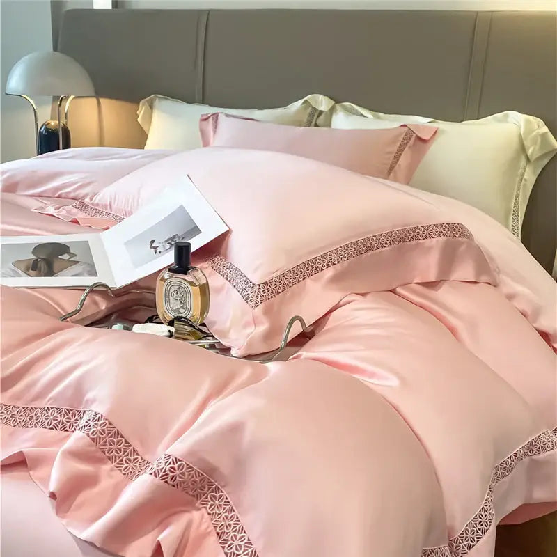 Pink satin bedding set with delicate lace trim made from cream eucalyptus fiber for decorbites eucalyptus fiber comfort