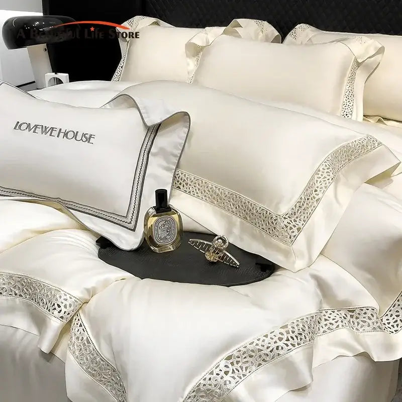 Cream eucalyptus lyocell 1000tc bedding set in cream satin with silver lace trim and embroidered lomewehouse pillowcase decorbites eucalyptus lyocell