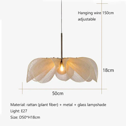 Cream fabric flower chandelier with layered rattan petals and exposed Edison bulb for dining room lighting