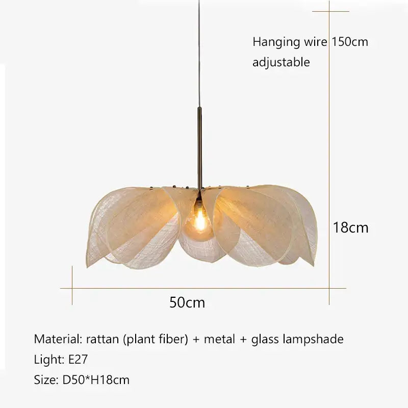 Cream fabric flower chandelier with layered rattan petals and exposed Edison bulb for dining room lighting