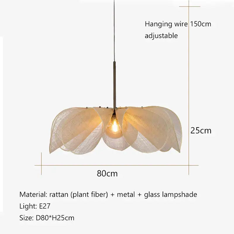Cream fabric flower chandelier with layered petal-like rattan shade and slender metal stem for dining room lighting