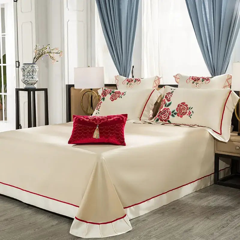 Cream floral 200s embroidery egyptian cotton bedding set with cream satin bedspread and pink rose embroidered pillow