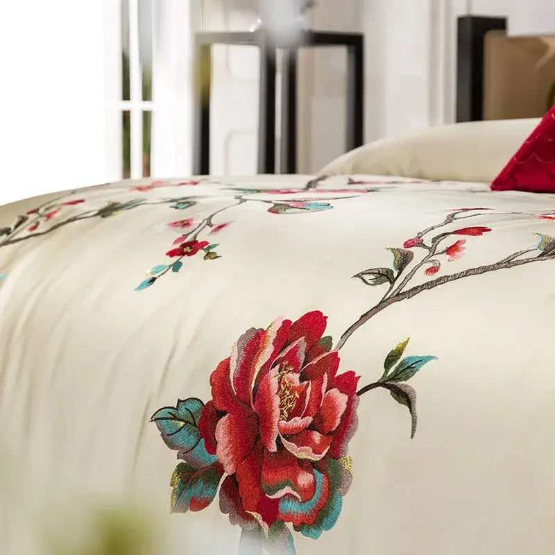 Cream floral 200s embroidery egyptian cotton bedding set with cream bedspread and intricate red teal floral embroidery