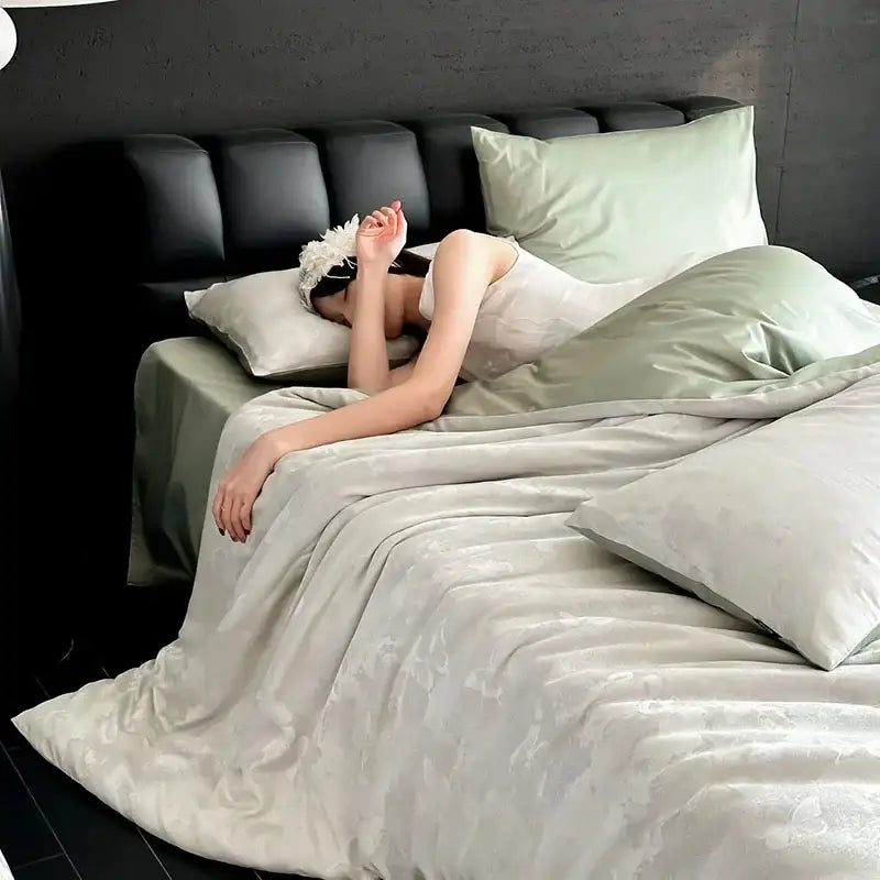 Silk-like sage green duvet set with subtle embossed floral pattern in cream floral cotton jacquard bedding set