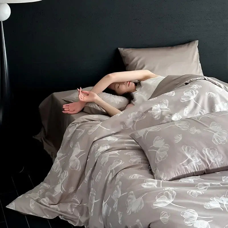 Cream floral cotton jacquard bedding set featuring a soft gray satin-like duvet cover with subtle white floral pattern