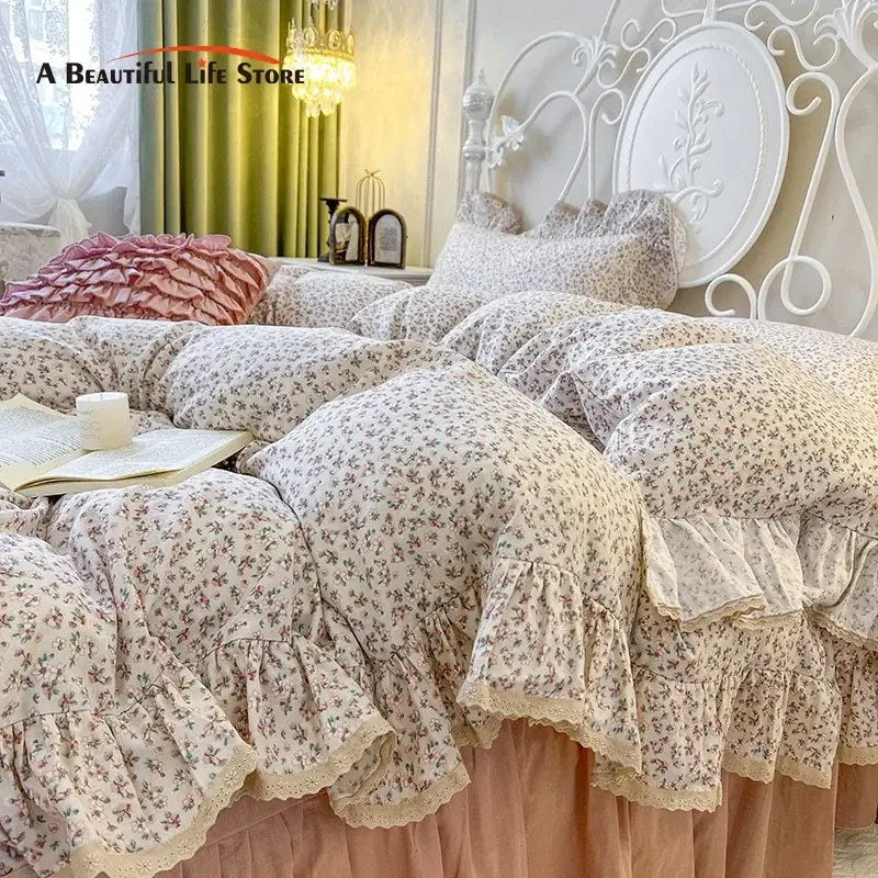 Cream floral bedding set featuring delicate lace ruffles and double layer lace for elegant bedroom decor