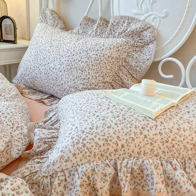 Cream floral double layer lace ruffles bedding set with pastel floral pillowcases and delicate lace trim for bedroom decor