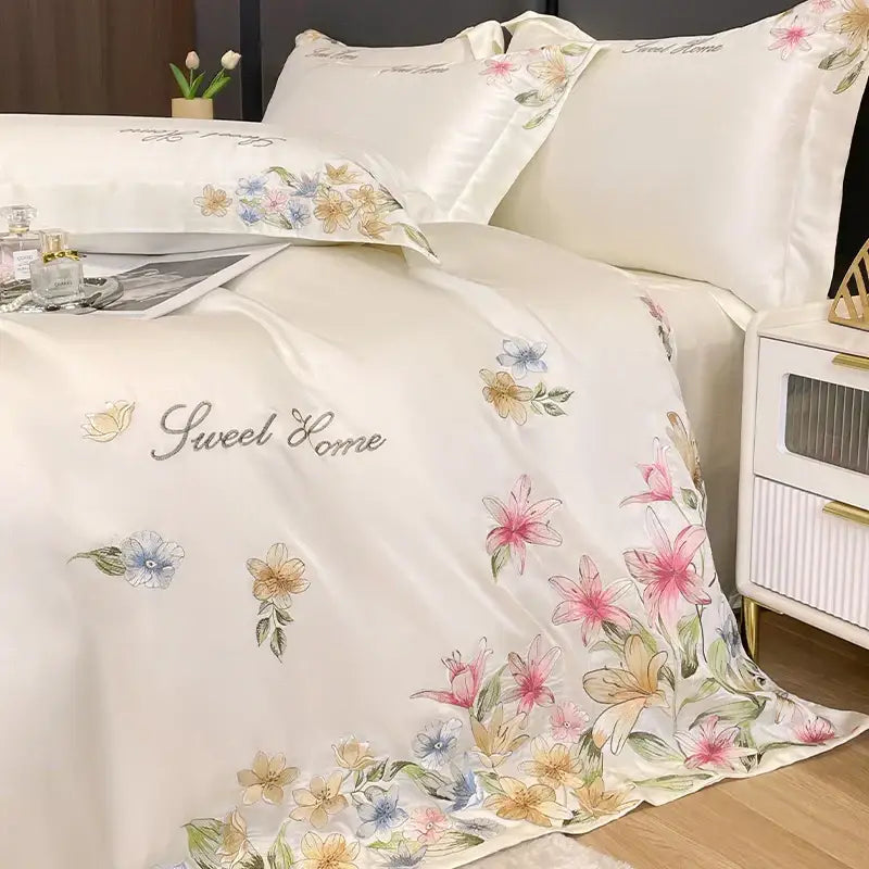 Cream floral embroidery silky duvet set with delicate pink blue gold decorbites flowers embroidery and sweet home decor