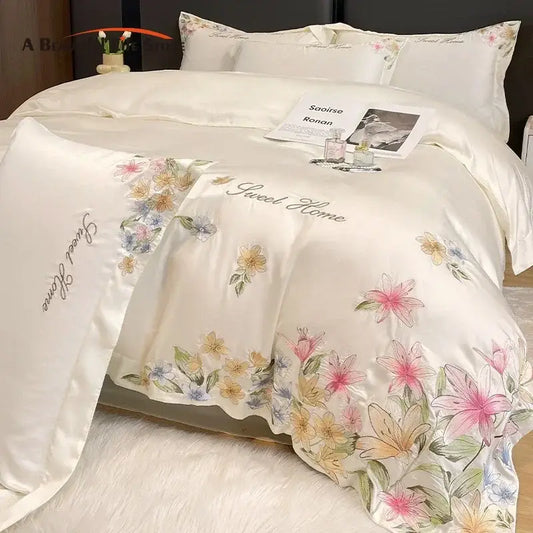 Cream floral embroidery silky duvet set in cream satin with soft pink yellow and blue flowers embroidery and sweet home decorbites