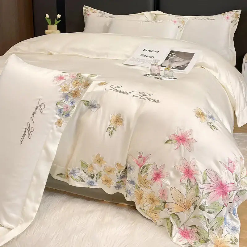 Cream silk satin duvet cover with cream floral embroidery and sweet home decorbites flowers embroidery design