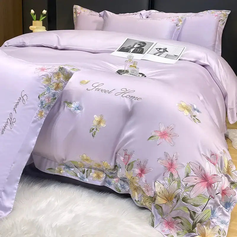 Lavender satin embroidery silky duvet set with cream floral decorbites flowers embroidery and sweet home script design