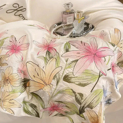 Cream floral embroidery silky duvet set in white satin with intricate pink and peach flowers embroidery decorbites design