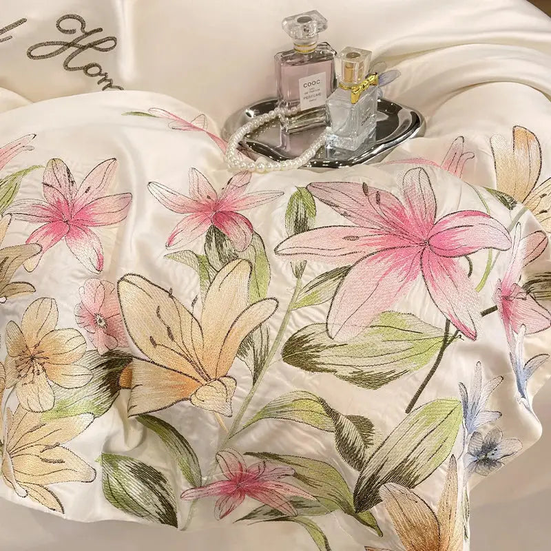 Cream floral embroidery silky duvet set in white satin with intricate pink and peach flowers embroidery decorbites design