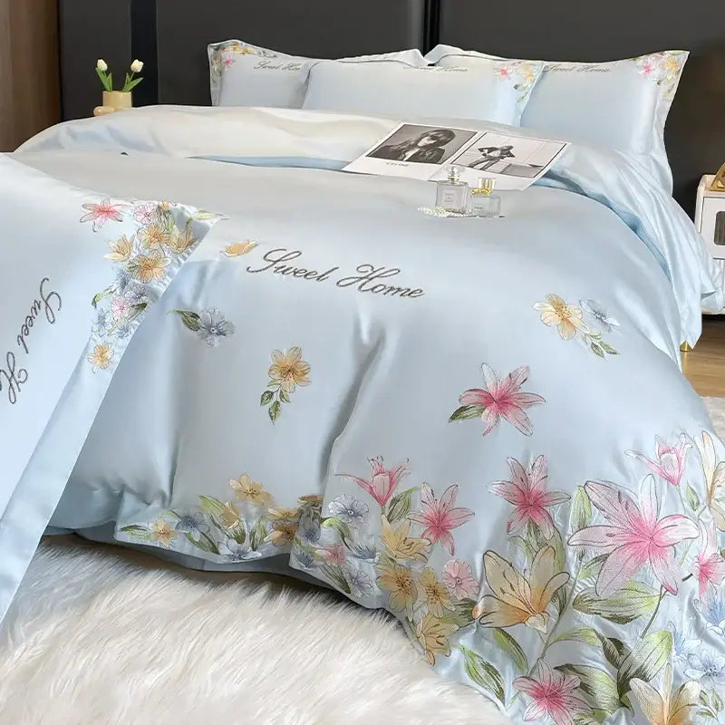 Light blue satin embroidery silky duvet set with cream floral decorbites flowers embroidery and sweet home script