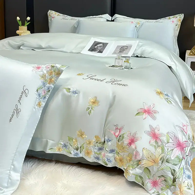 Light blue satin duvet cover with delicate pink yellow and blue flowers embroidery silky decorbites bedroom decor