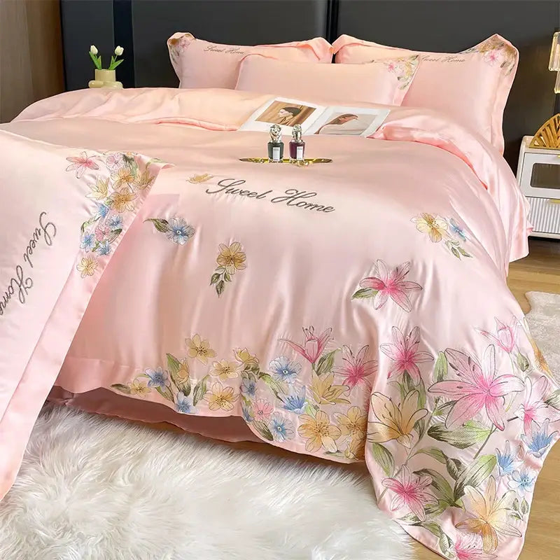 Pink satin embroidery silky duvet set with cream floral flowers embroidery and sweet home decorbites design