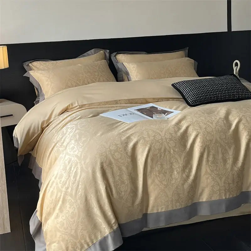 Beige satin duvet cover set with subtle gold damask pattern and gray trim from cream floral jacquard bedding set decorbites jacquard bedding
