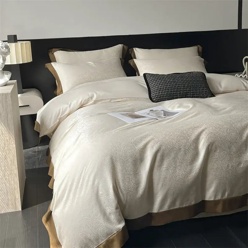 Cream floral jacquard bedding set featuring a cream satin duvet cover with subtle rose pattern and gold trim decorbites jacquard bedding