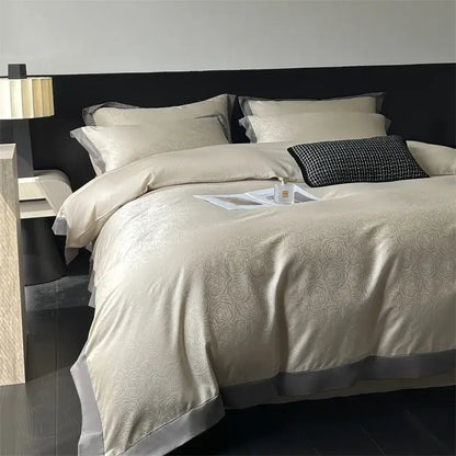 Cream floral jacquard bedding set featuring a cream satin duvet cover with rose embroidery and gray border by decorbites jacquard bedding